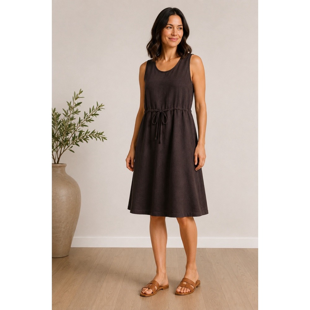 Eileen Fisher Womens Large 100% Linen A-Line Dress Brown Scoop Neck Tie